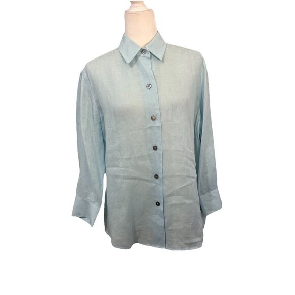 Linda Allard Ellen Tracy Linen Button Up Blouse Women 14 Baby Blue - Picture 1 of 11
